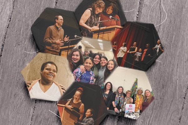 Hexagon shaped images of SMH guests on a woodgrain background