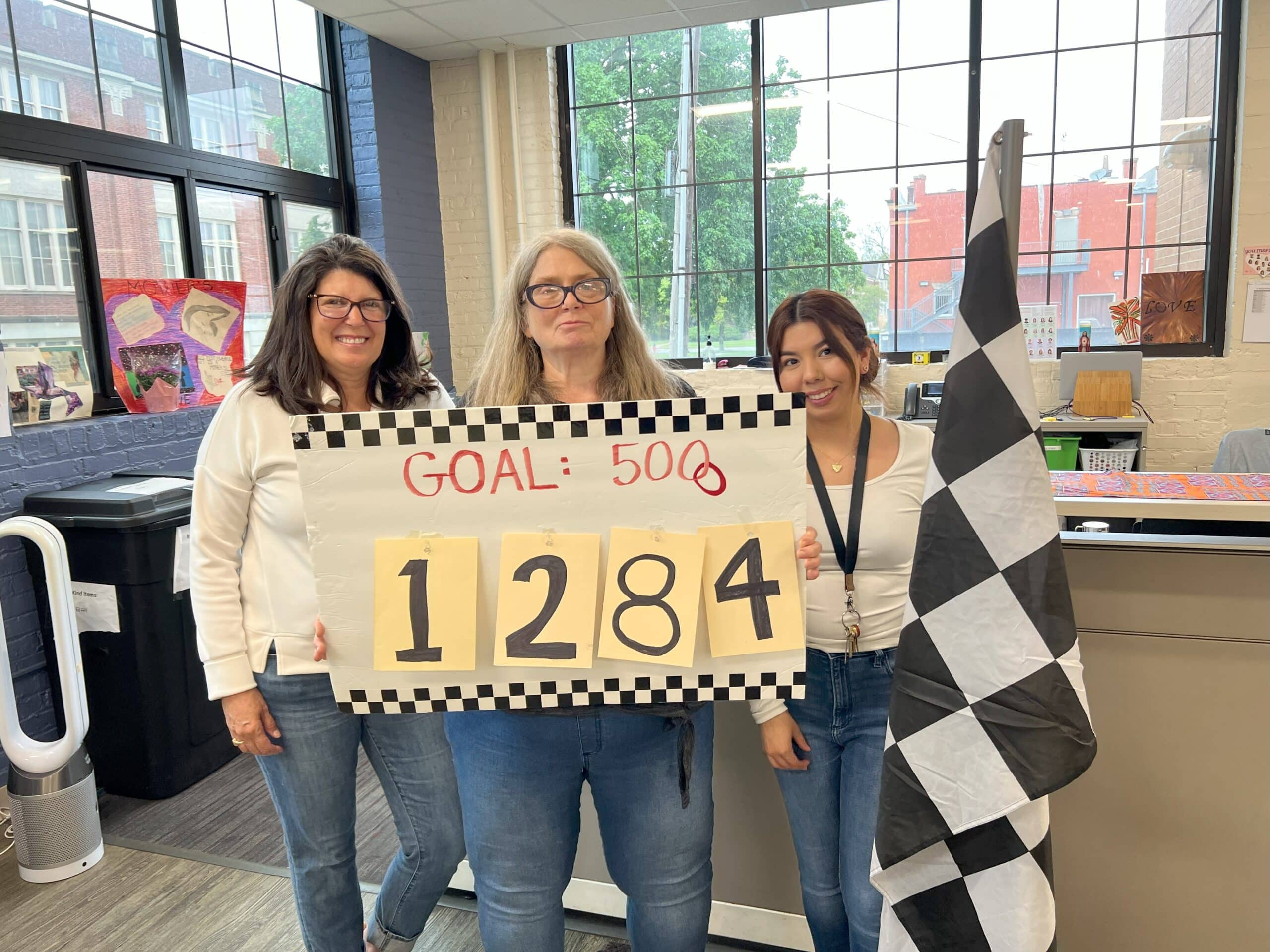 Women holding sign that says Goal: 5000 and the number 1284