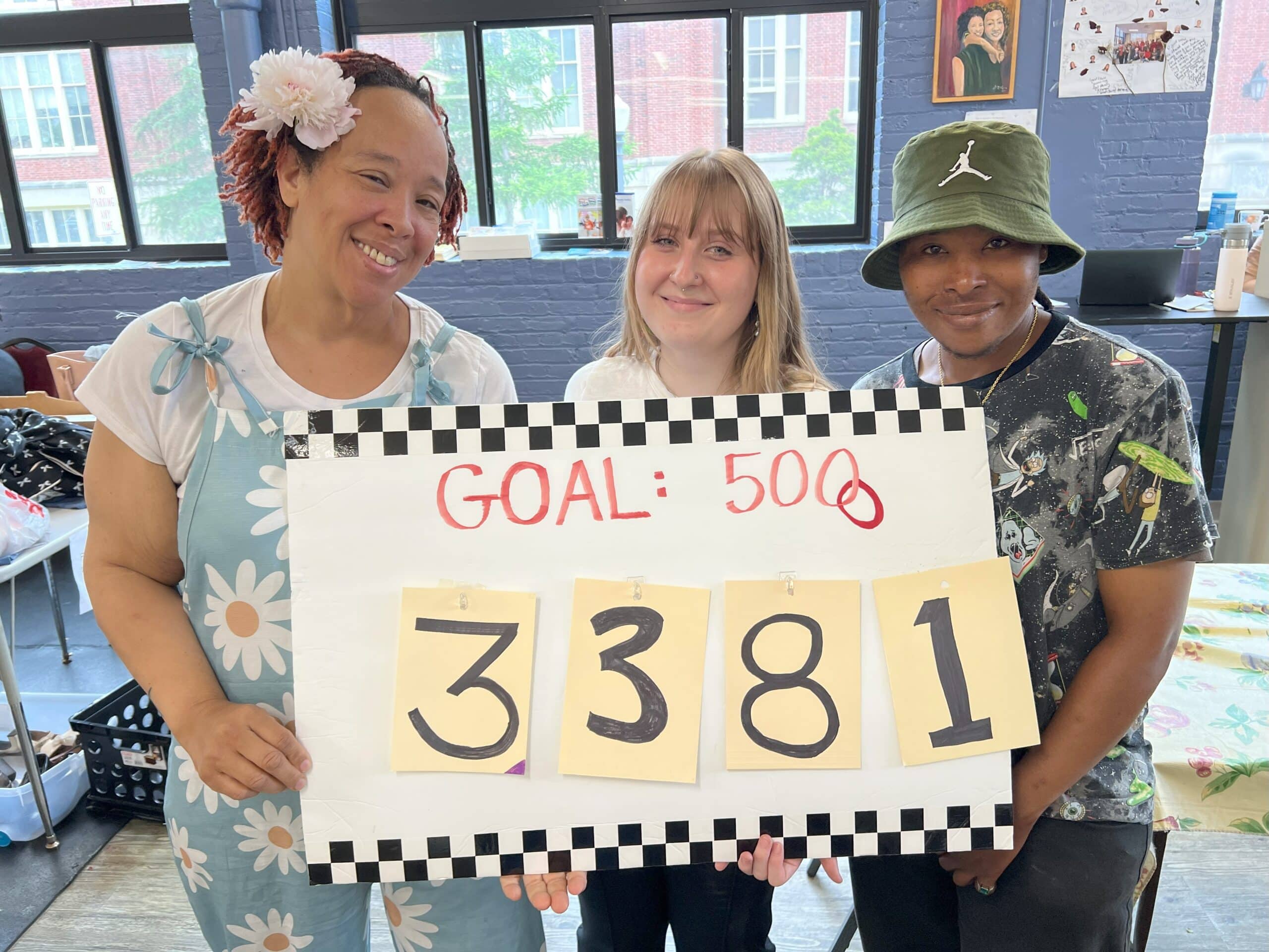 Women holding sign that says Goal: 5000 and the number 3381