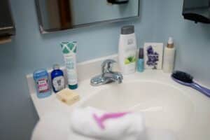 Toiletries around a sink